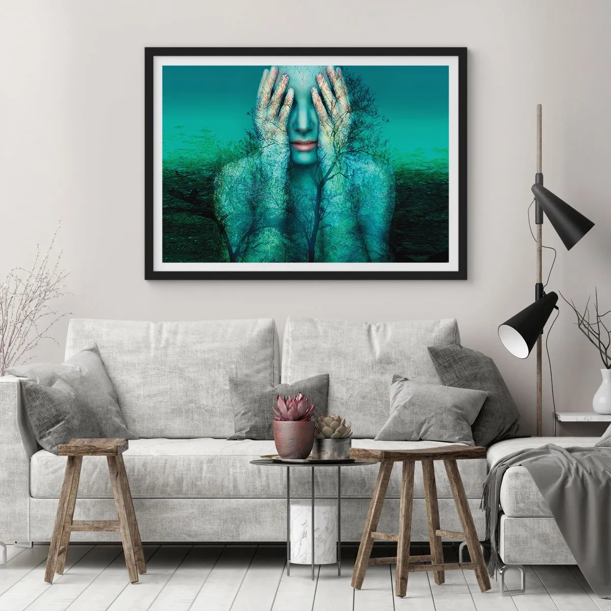 Pôster com moldura preta - Imersa em azul - 50x40 cm