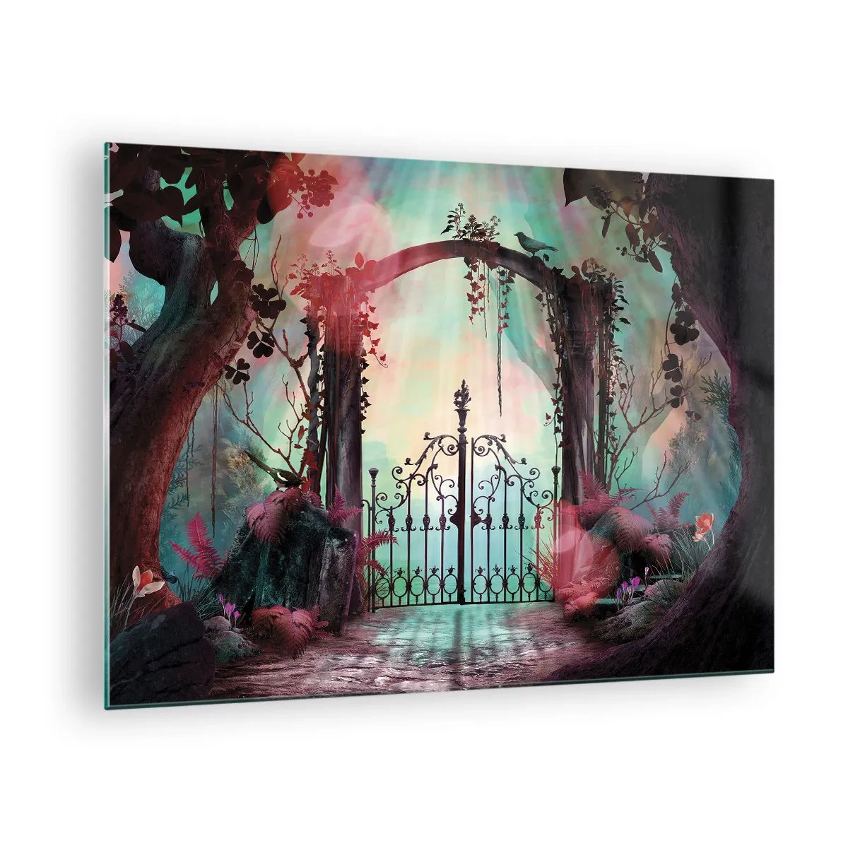 Quadro em vidro - Portões mágicos em uma floresta de contos de fadas - 70x50cm - Jardim secreto - Decoração de parede moderna para a sala de estar e quarto ARTTOR