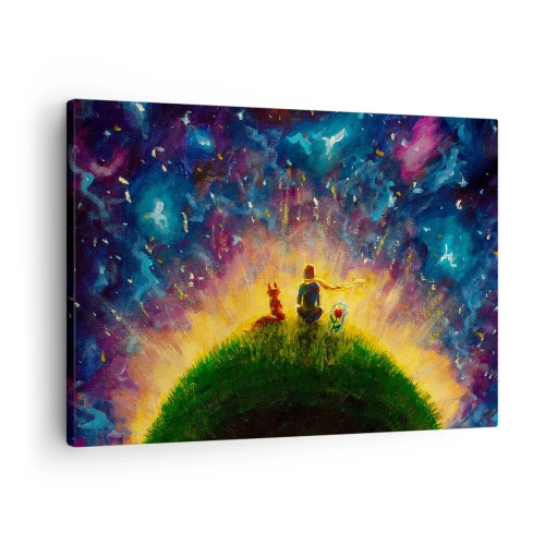 Quadro em tela - Figuras em uma colina verde cercada por um céu estrelado - 70x50cm - Amor e amizade - o mundo inteiro - Decoração de parede moderna para a sala de estar e quarto ARTTOR