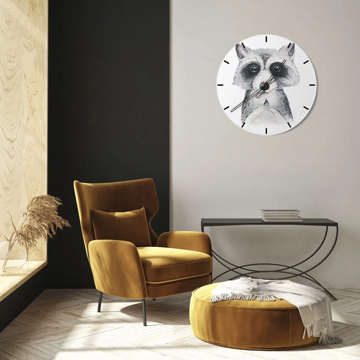 Relógio de parede - Relógio em vidro - Um guaxinim fofo desenhado em preto e branco - 30x30cm - Um momento de emoção - Decoração de parede moderna para a sala de estar, cozinha e quarto ARTTOR