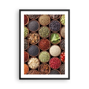 Pôster com moldura preta - Especiarias coloridas em pequenas tigelas de madeira - 50x70cm - Todos os sabores do mundo - Decoração de parede moderna para a sala de estar e quarto ARTTOR