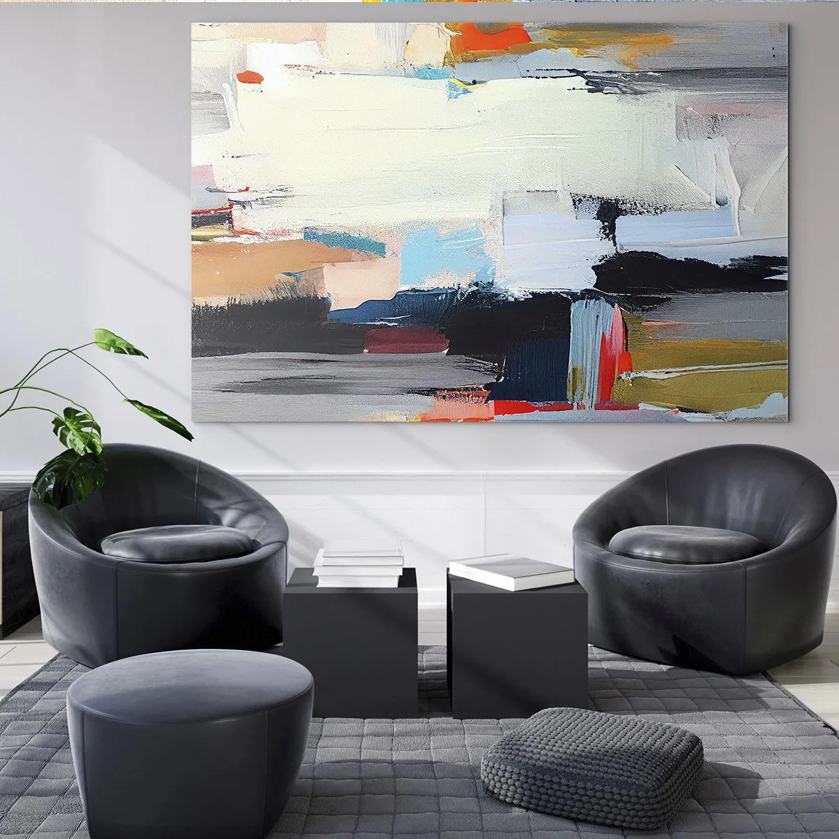 Quadro em vidro - Composição abstrata com manchas e traços coloridos - 70x50cm - Há um método? - Decoração de parede moderna para a sala de estar e quarto ARTTOR