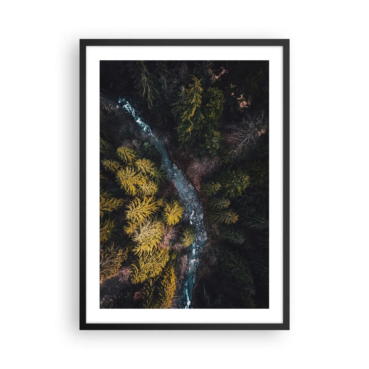 Pôster com moldura preta - Uma vista aérea de um riacho na floresta - 50x70cm - Rápido e cada vez mais rápido - Decoração de parede moderna para a sala de estar e quarto ARTTOR