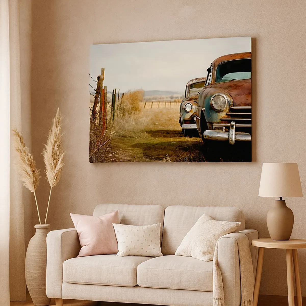 Quadro em tela - Dois carros velhos em uma estrada de terra ao lado de uma cerca de madeira - 70x50cm - Um merecido descanso - Decoração de parede moderna para a sala de estar e quarto ARTTOR