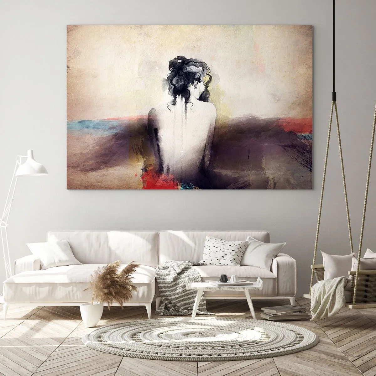 Quadro em vidro - Um retrato sutil de uma mulher contra um fundo de paisagem em tons pastel. - 70x50cm - Linhas suaves, formas ovais - Decoração de parede moderna para a sala de estar e quarto ARTTOR