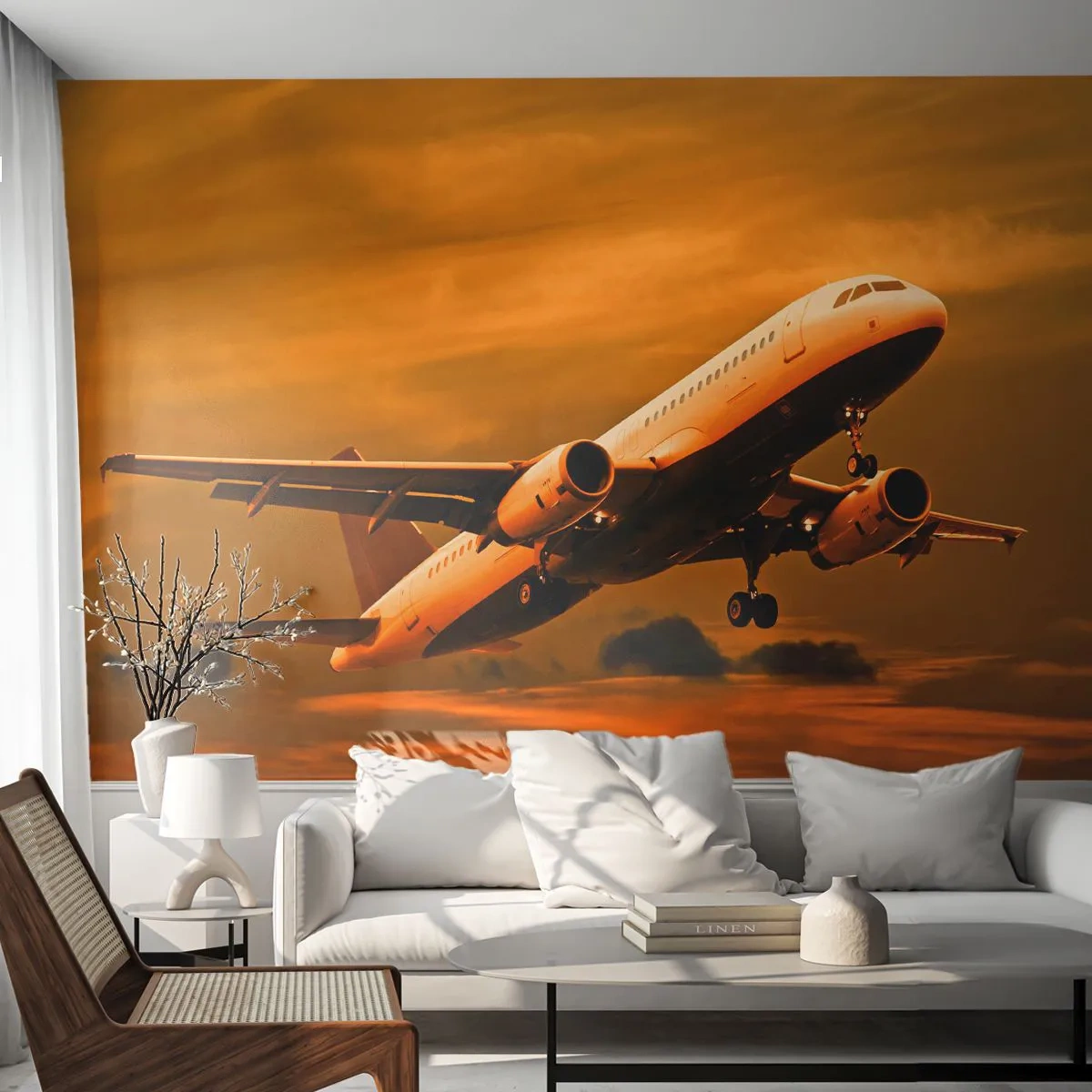 Papel de Parede Standard Eco - Um avião de passageiros na luz dourada do pôr do sol - 100x70cm - Voo em direção ao sol - Decoração de parede moderna para a sala de estar e quarto ARTTOR
