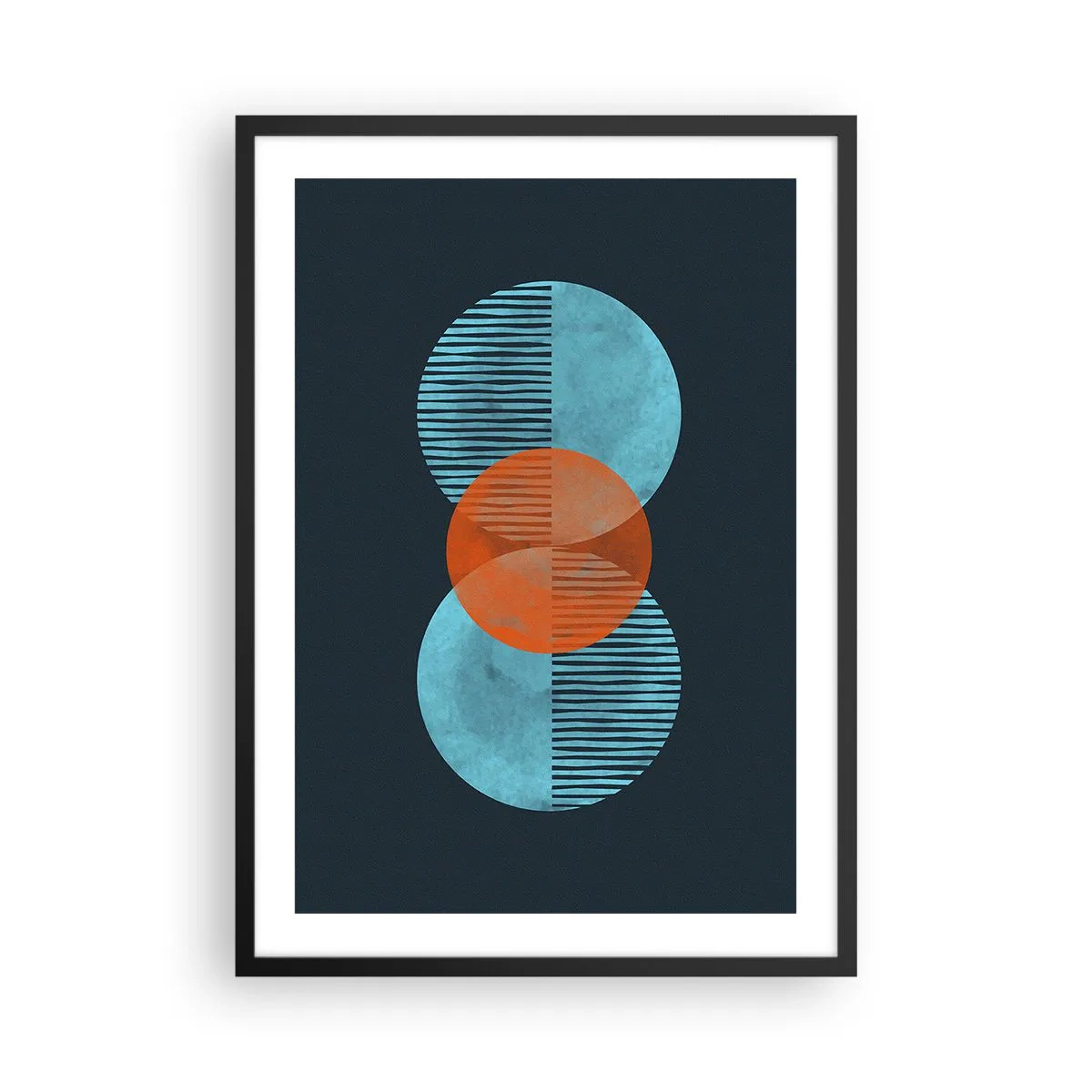 Pôster com moldura preta - Círculos simétricos em tons de azul e laranja com linhas - 50x70cm - Obras de arte simétricas - Decoração de parede moderna para a sala de estar e quarto ARTTOR