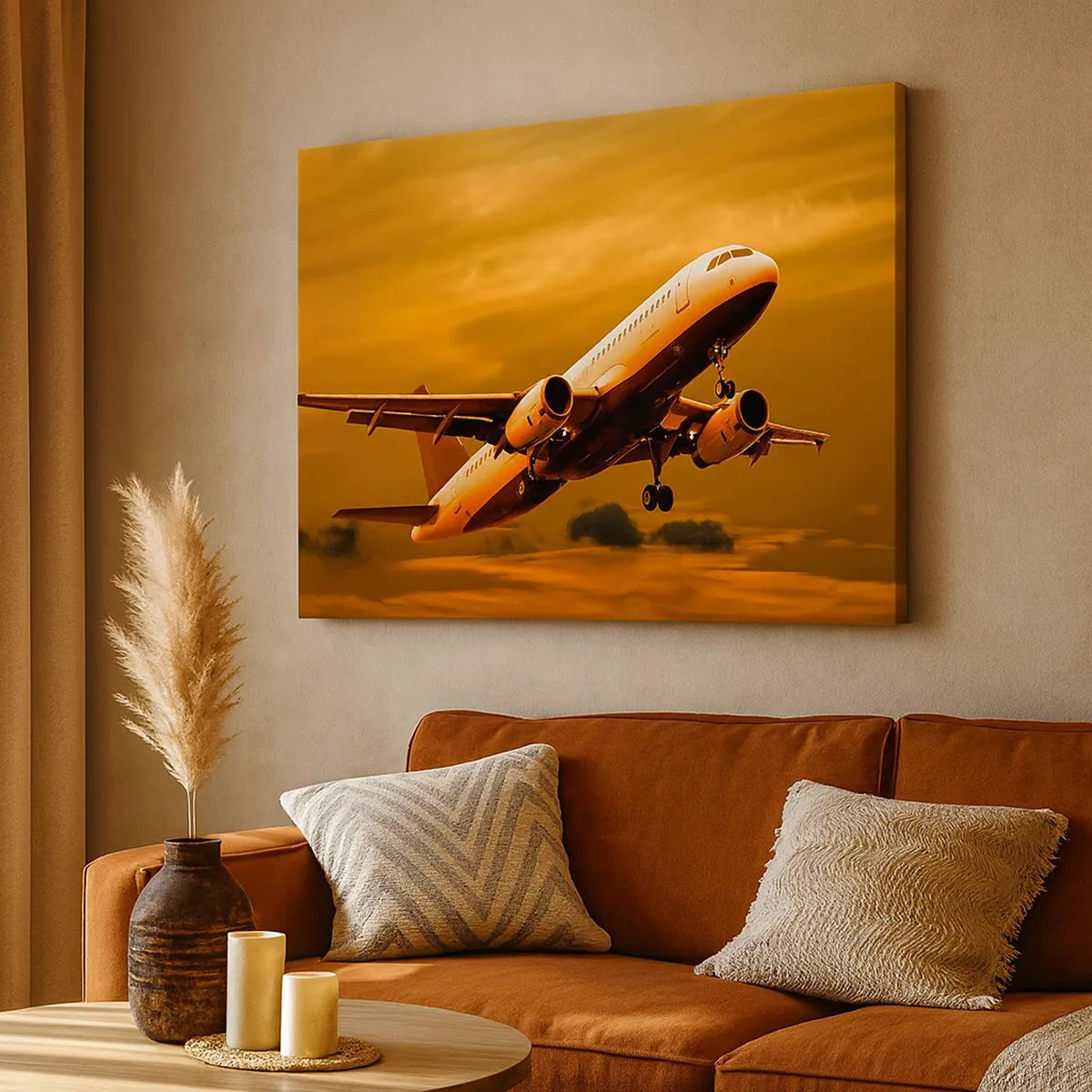 Quadro em tela - Um avião de passageiros decolando contra um céu dourado de pôr do sol. - 70x50cm - Voo em direção ao sol - Decoração de parede moderna para a sala de estar e quarto ARTTOR