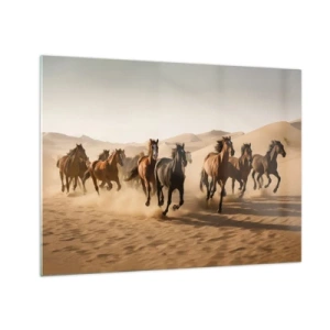 Quadro em vidro - Uma manada de cavalos galopando no deserto entre as dunas de areia - 70x50cm - Livre como o vento - Decoração de parede moderna para a sala de estar e quarto ARTTOR