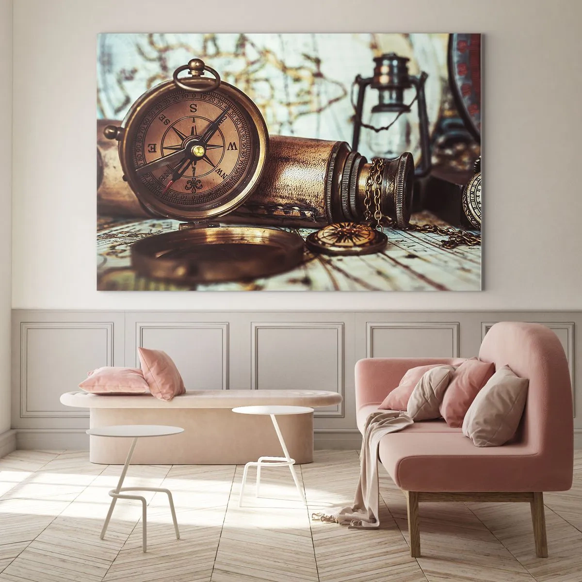 Quadro em vidro - Uma bússola e um mapa antigos tendo como pano de fundo aventuras piratas - 70x50cm - Uma aventura pirata no Caribe - Decoração de parede moderna para a sala de estar e quarto ARTTOR