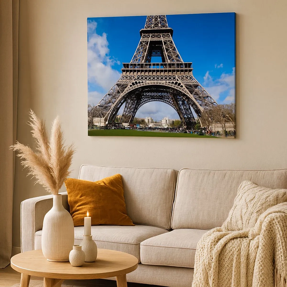 Quadro em tela - A Torre Eiffel contra o fundo de um céu azul e um parque verde - 70x50cm - Toda Paris aos seus pés - Decoração de parede moderna para a sala de estar e quarto ARTTOR
