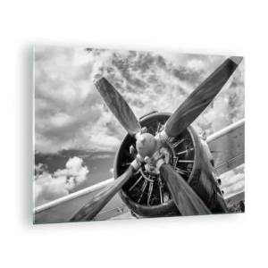 Quadro em vidro - Um close de uma hélice de avião em preto e branco. - 70x50cm - O conquistador dos céus - Decoração de parede moderna para a sala de estar e quarto ARTTOR