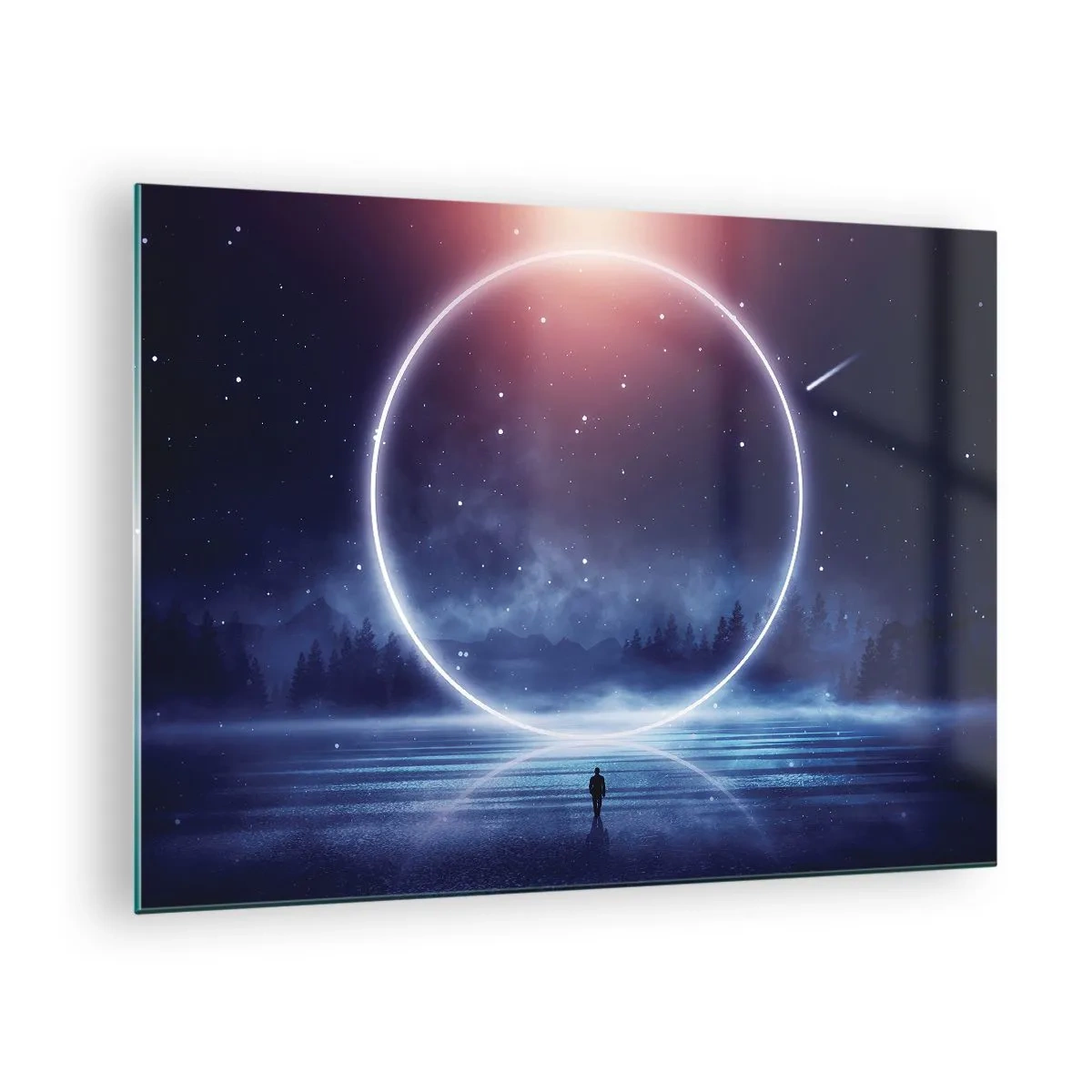 Quadro em vidro - Um círculo de luz sobre o lago entre o céu noturno e a floresta - 70x50cm - Eles já estão aqui... - Decoração de parede moderna para a sala de estar e quarto ARTTOR