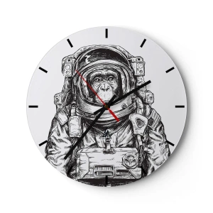 Relógio de parede - Relógio em vidro - Um esboço em preto e branco de um macaco astronauta. - 30x30cm - Evolução alternativa - Decoração de parede moderna para a sala de estar, cozinha e quarto ARTTOR