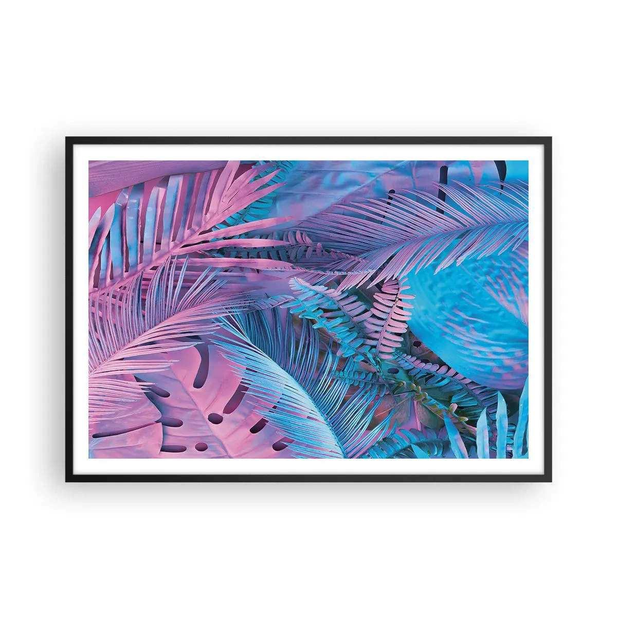 Pôster com moldura preta - Trópicos em rosa e azul - 100x70 cm
