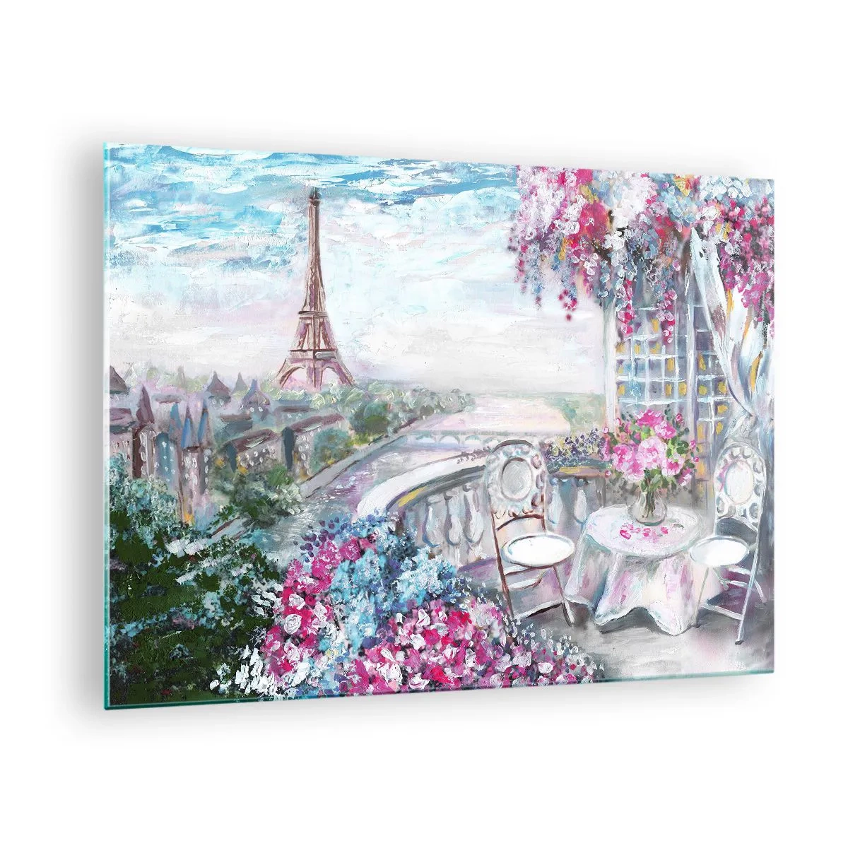 Quadro em vidro - Ilustração de uma vista da Torre Eiffel com uma varanda cheia de flores - 70x50cm - É mais bonito aqui em maio - Decoração de parede moderna para a sala de estar e quarto ARTTOR
