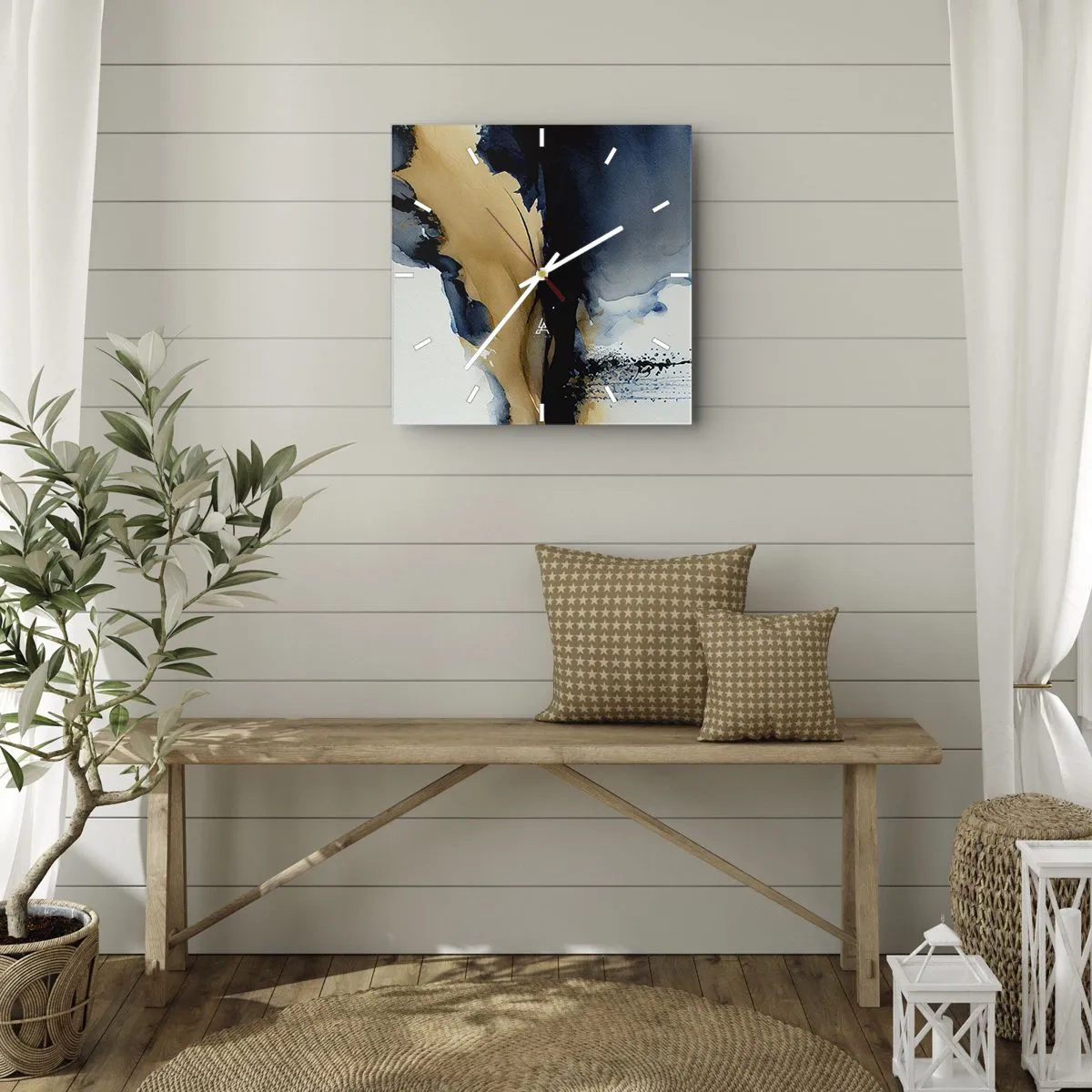 Relógio de parede - Relógio em vidro - Atrás da cortina - 40x40 cm