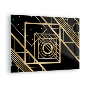 Quadro em vidro - Padrões geométricos dourados em um fundo preto - 70x50cm - Geometria dourada - Decoração de parede moderna para a sala de estar e quarto ARTTOR