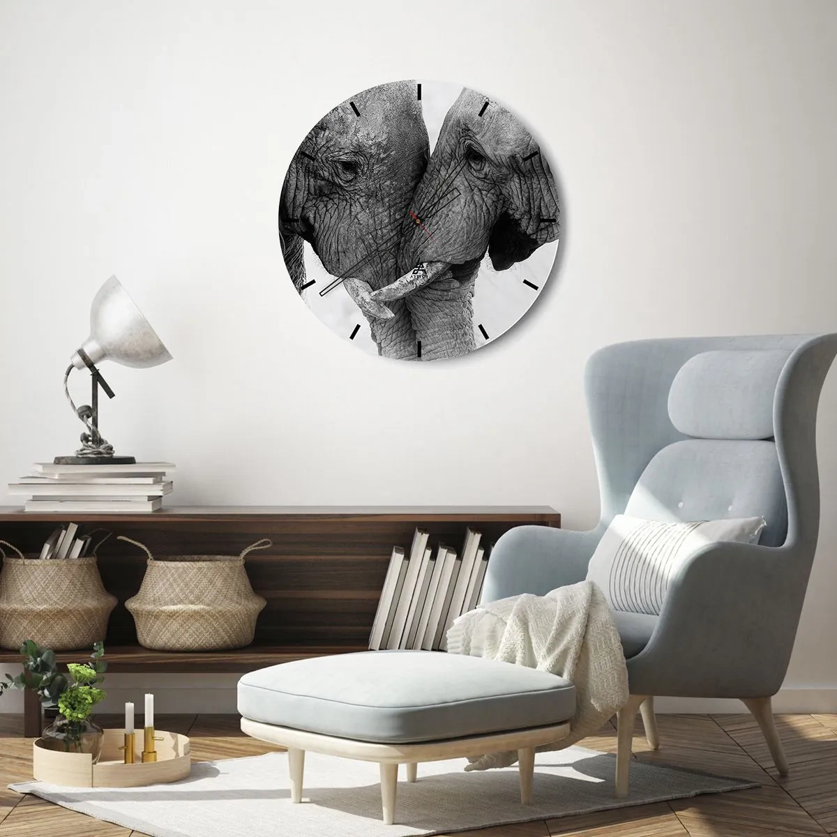 Relógio de parede - Relógio em vidro - Dois elefantes com suas trombas entrelaçadas em um gesto de ternura - 30x30cm - Confissão sincera - Decoração de parede moderna para a sala de estar, cozinha e quarto ARTTOR