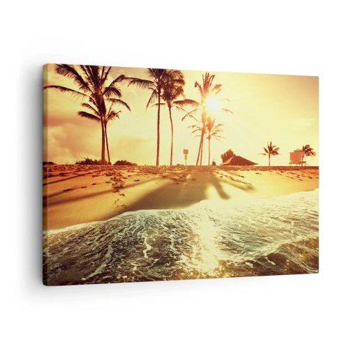 Quadro em tela - Uma praia com palmeiras iluminadas por um pôr do sol quente - 70x50cm - Califórnia à tarde - Decoração de parede moderna para a sala de estar e quarto ARTTOR