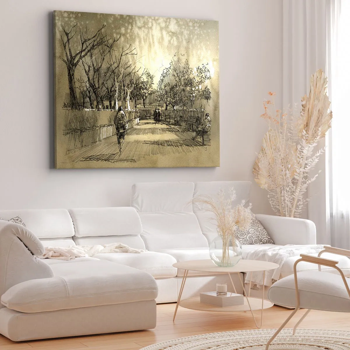 Quadro em tela - Uma cena de desenho animado de um parque com pessoas caminhando em tons quentes. - 70x50cm - Um momento capturado por uma pena - Decoração de parede moderna para a sala de estar e quarto ARTTOR