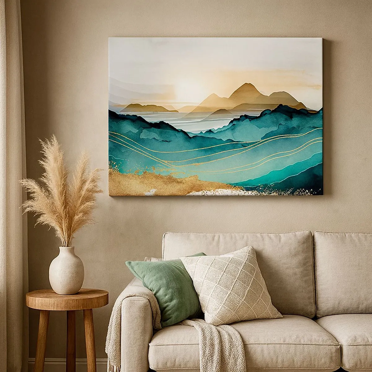 Quadro em tela - Paisagem abstrata com montanhas e detalhes dourados - 70x50cm - À beira da abstração – paisagem - Decoração de parede moderna para a sala de estar e quarto ARTTOR