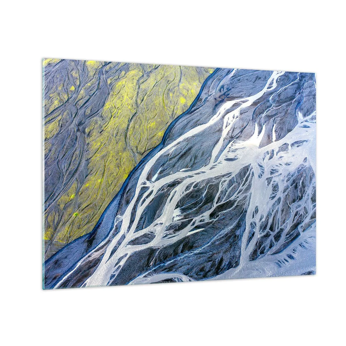 Quadro em vidro - Uma vista aérea da superfície da Terra com riachos sinuosos - 70x50cm - Pinturas rupestres da natureza - Decoração de parede moderna para a sala de estar e quarto ARTTOR