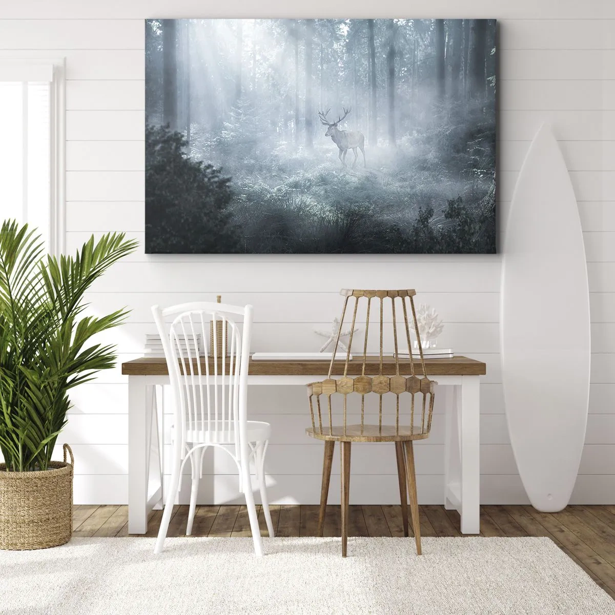 Quadro em tela - Um veado em uma floresta densa envolto em névoa matinal - 70x50cm - Passeio matinal à volta da propriedade - Decoração de parede moderna para a sala de estar e quarto ARTTOR