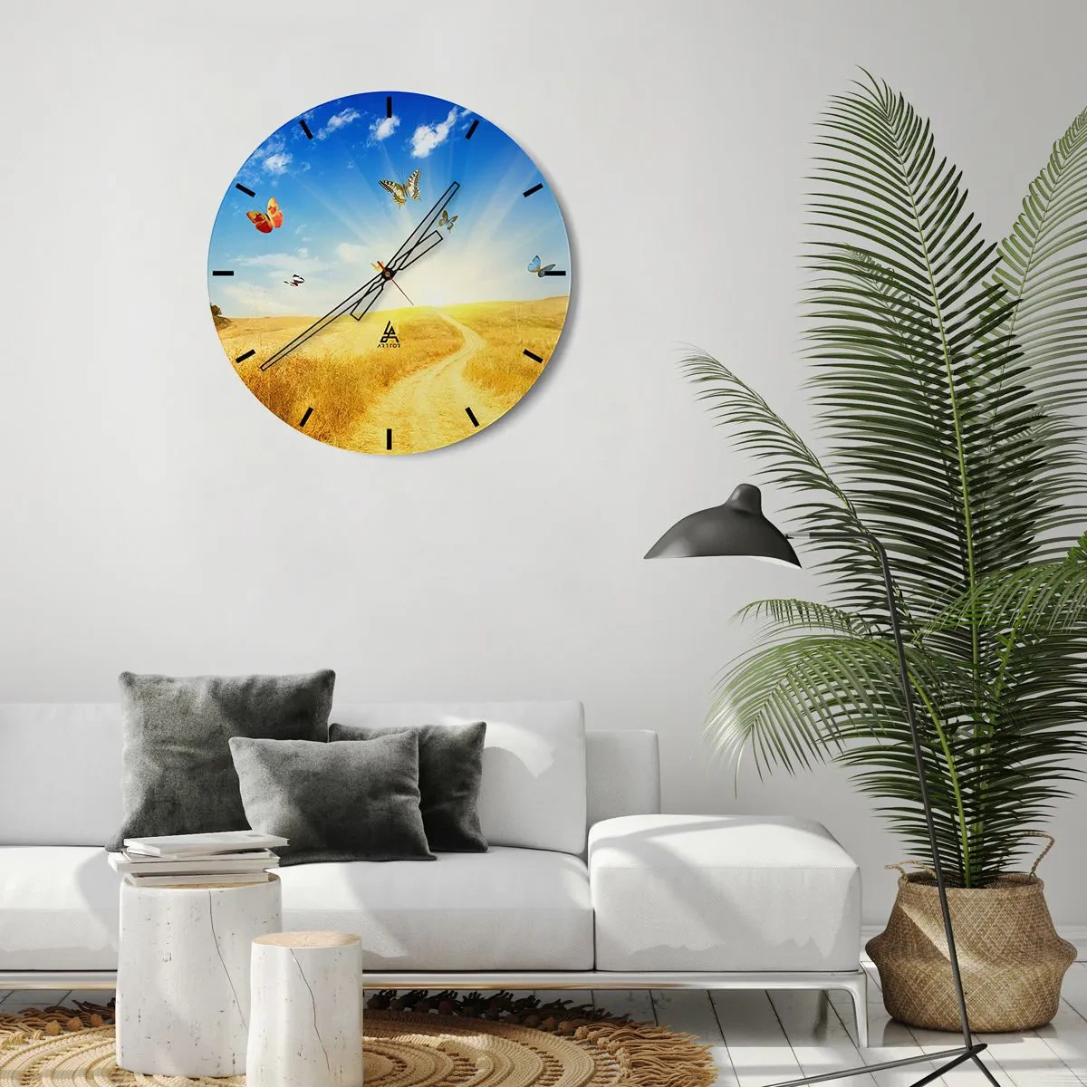 Relógio de parede - Relógio em vidro - Um motivo de paisagem de verão com borboletas contra um fundo de campos dourados - 30x30cm - E como não amar o verão? - Decoração de parede moderna para a sala de estar, cozinha e quarto ARTTOR