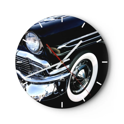 Relógio de parede - Relógio em vidro - Um carro retrô preto brilhante com um estilo clássico - 30x30cm - Clássicos em prata, preto e branco - Decoração de parede moderna para a sala de estar, cozinha e quarto ARTTOR