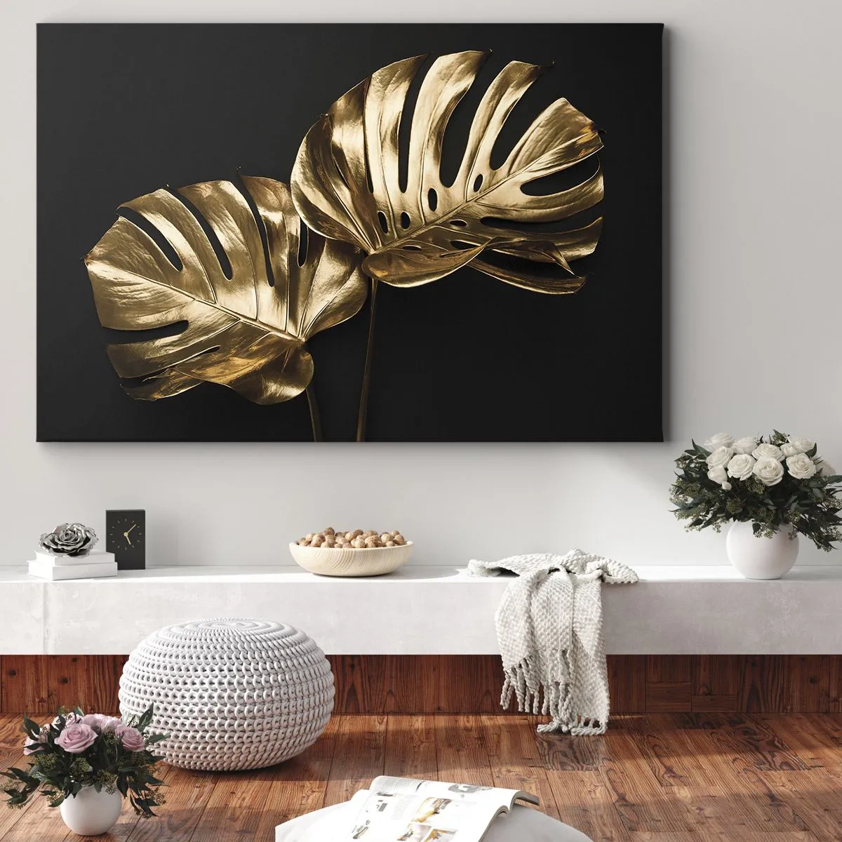 Quadro em tela - Folhas de monstera douradas em um fundo preto - 70x50cm - Tesouros da natureza - Decoração de parede moderna para a sala de estar e quarto ARTTOR