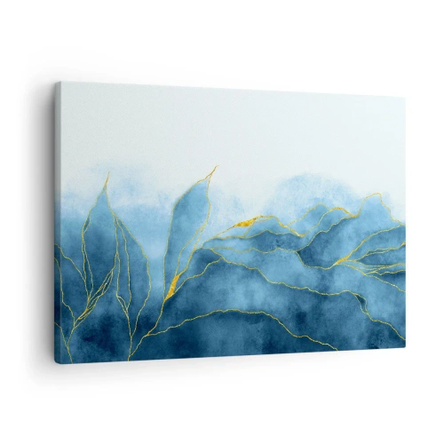 Quadro em tela - Ondas abstratas em tons de azul com detalhes dourados - 70x50cm - Azul dourado - Decoração de parede moderna para a sala de estar e quarto ARTTOR