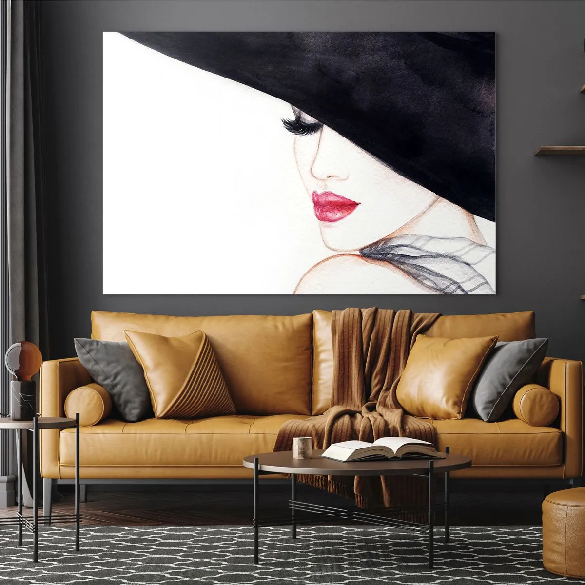 Quadro em vidro - Um retrato sutil de uma mulher de chapéu com lábios vermelhos - 70x50cm - Elegância e sensualidade - Decoração de parede moderna para a sala de estar e quarto ARTTOR