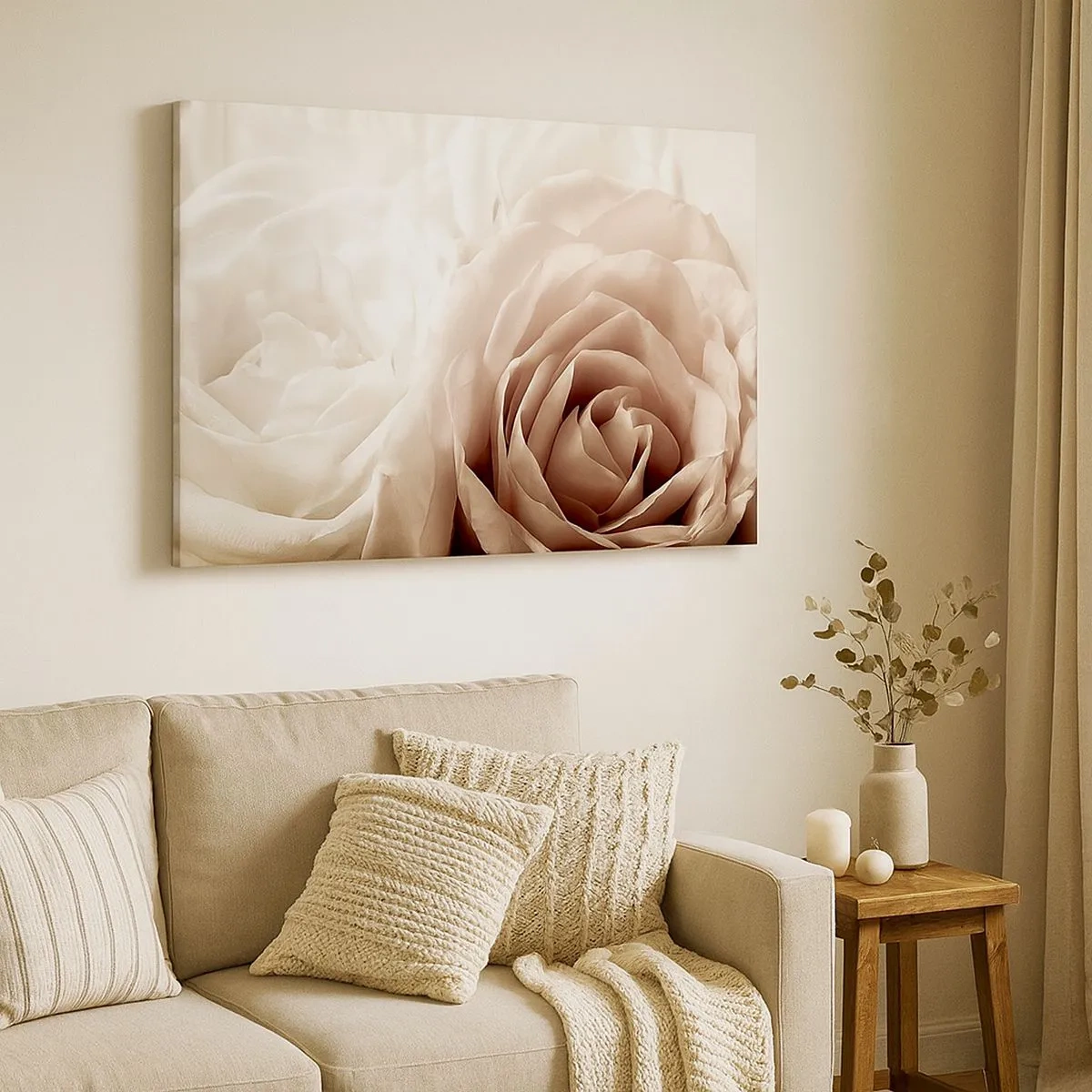 Quadro em tela - Rosas delicadas em tons pastéis de bege - 70x50cm - No coração de uma rosa - Decoração de parede moderna para a sala de estar e quarto ARTTOR
