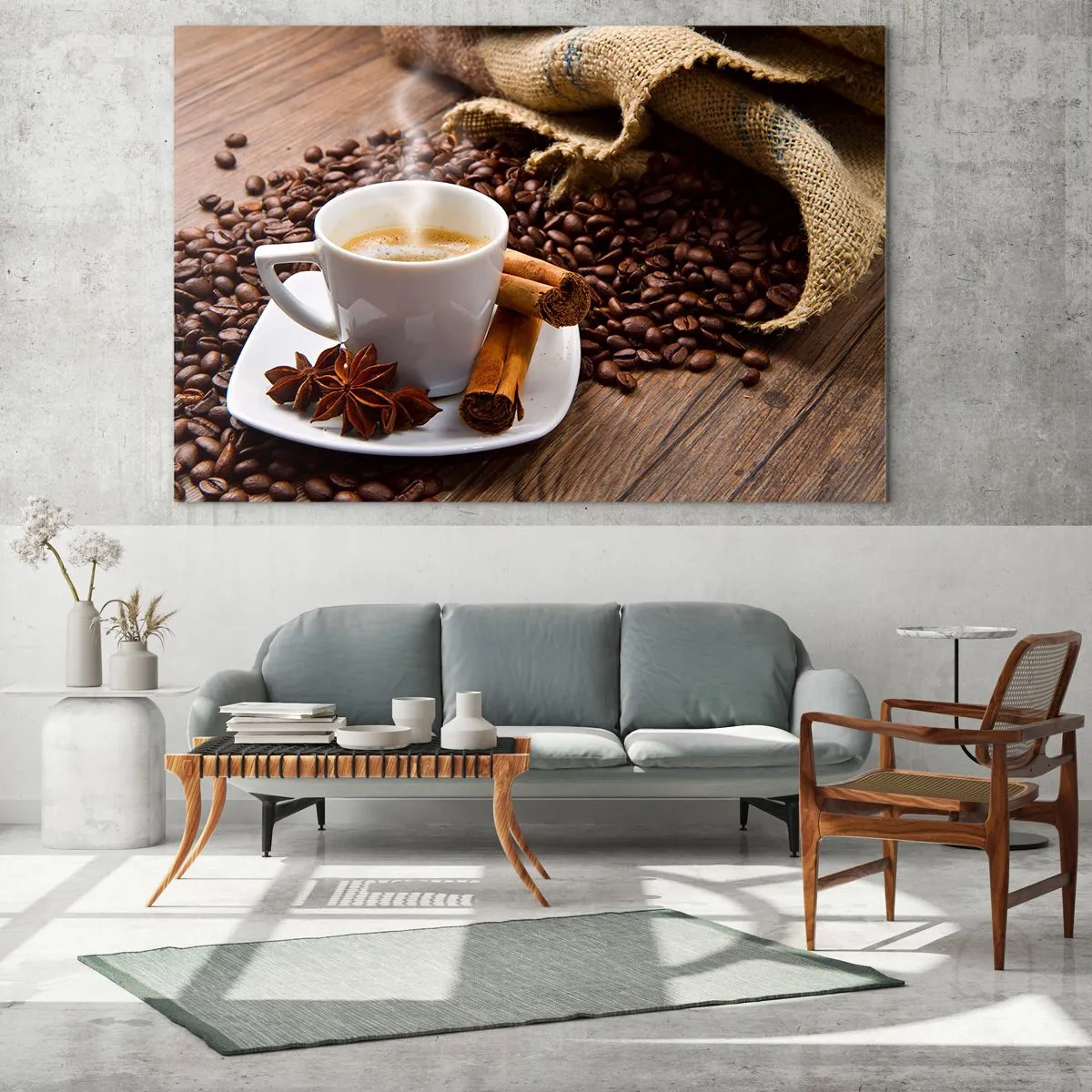 Quadro em vidro - Uma xícara de café com canela e grãos de café sobre uma mesa de madeira - 70x50cm - Sabor e aroma picantes - Decoração de parede moderna para a sala de estar e quarto ARTTOR