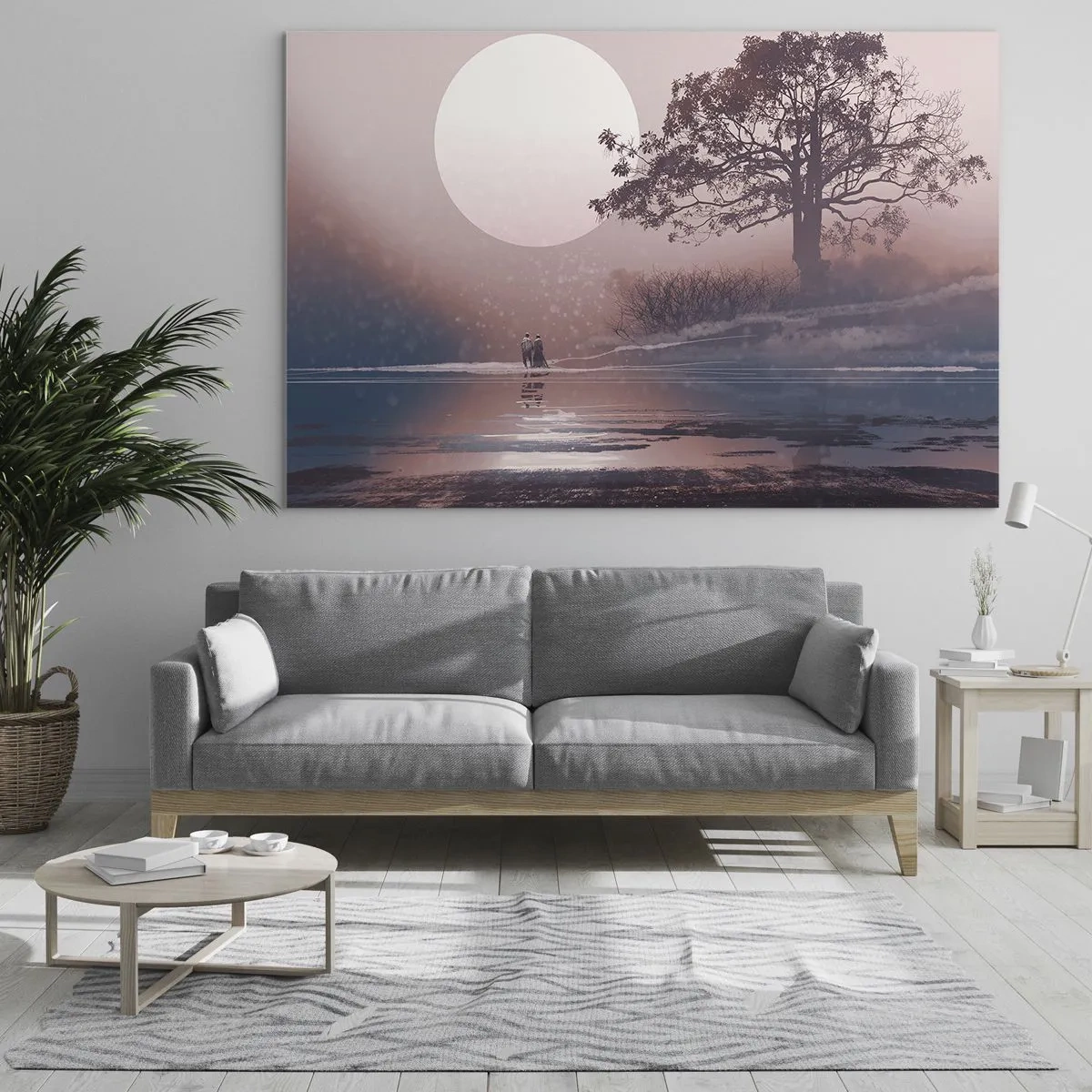 Quadro em vidro - Uma paisagem mágica com uma árvore, lua e figuras - 70x50cm - Maravilhas da noite - Decoração de parede moderna para a sala de estar e quarto ARTTOR