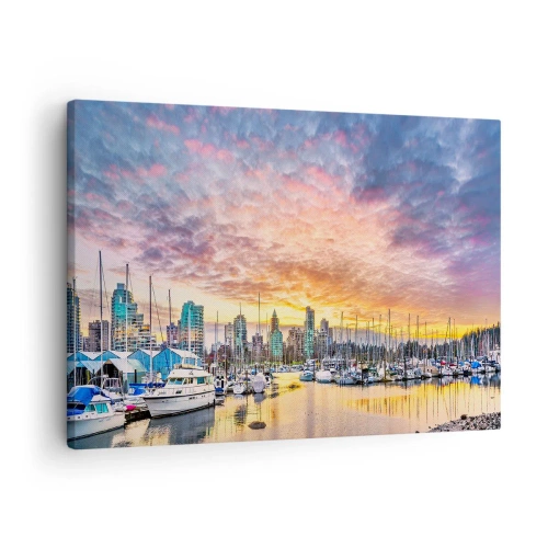 Quadro em tela - Marina com iates e paisagem urbana ao pôr do sol - 70x50cm - Cidade de mil marinheiros - Decoração de parede moderna para a sala de estar e quarto ARTTOR