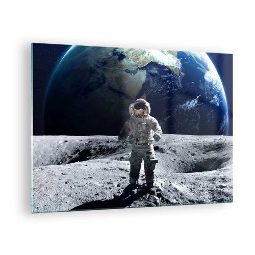 Quadro em vidro - Astronauta na superfície da Lua com a Terra ao fundo - 70x50cm - Saudações da Lua - Decoração de parede moderna para a sala de estar e quarto ARTTOR