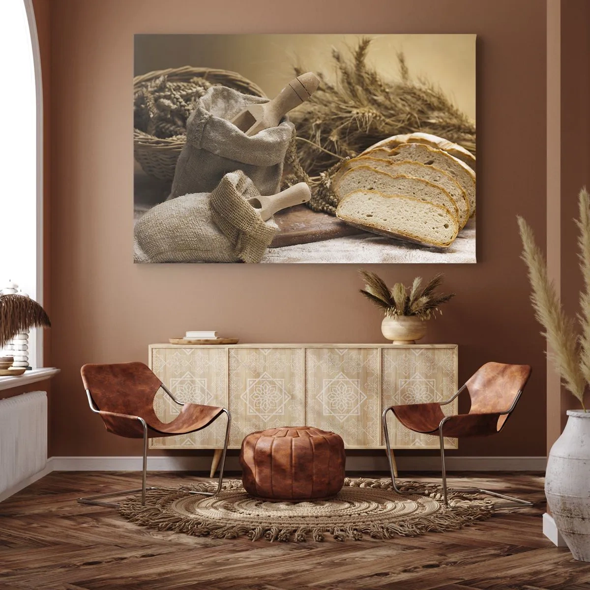 Quadro em tela - Uma paisagem com pão, farinha e espigas de grãos em estilo rústico. - 70x50cm - Pão de cada dia - Decoração de parede moderna para a sala de estar e quarto ARTTOR