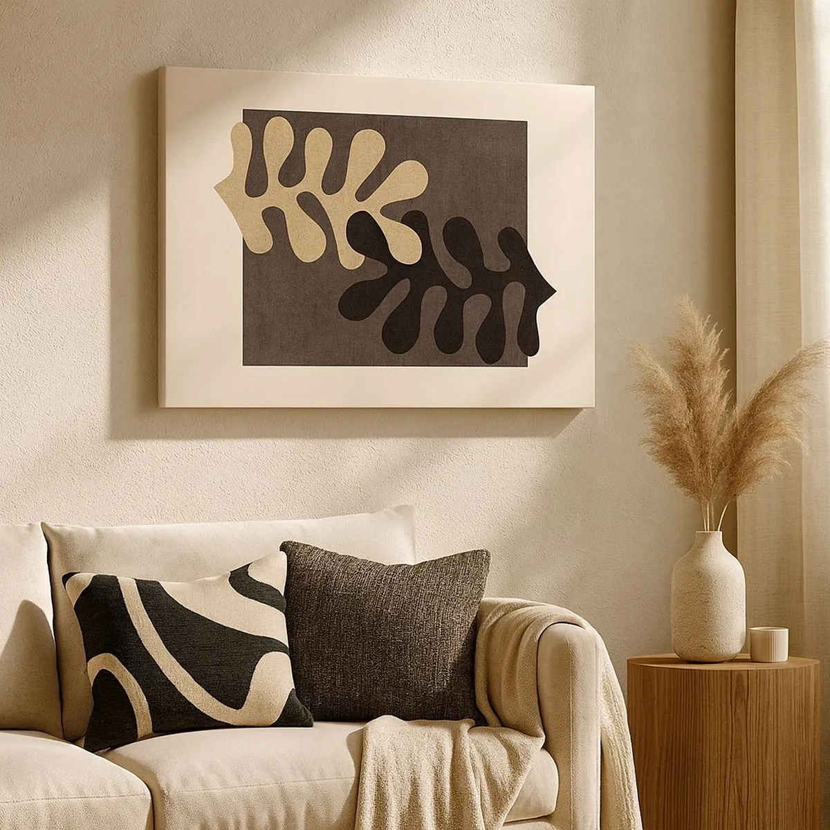 Quadro em tela - Folhas abstratas em preto e bege sobre fundo retangular - 70x50cm - Ausência e complemento - Decoração de parede moderna para a sala de estar e quarto ARTTOR