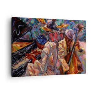 Quadro em tela - Cena de jazz energética com músicos e instrumentos - 70x50cm - Num só ritmo - Decoração de parede moderna para a sala de estar e quarto ARTTOR