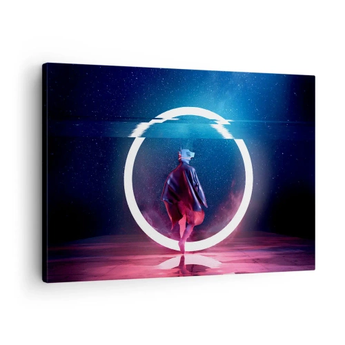 Quadro em tela - Um personagem em um ambiente futurista com um círculo de neon - 70x50cm - Entre Mundos - Decoração de parede moderna para a sala de estar e quarto ARTTOR
