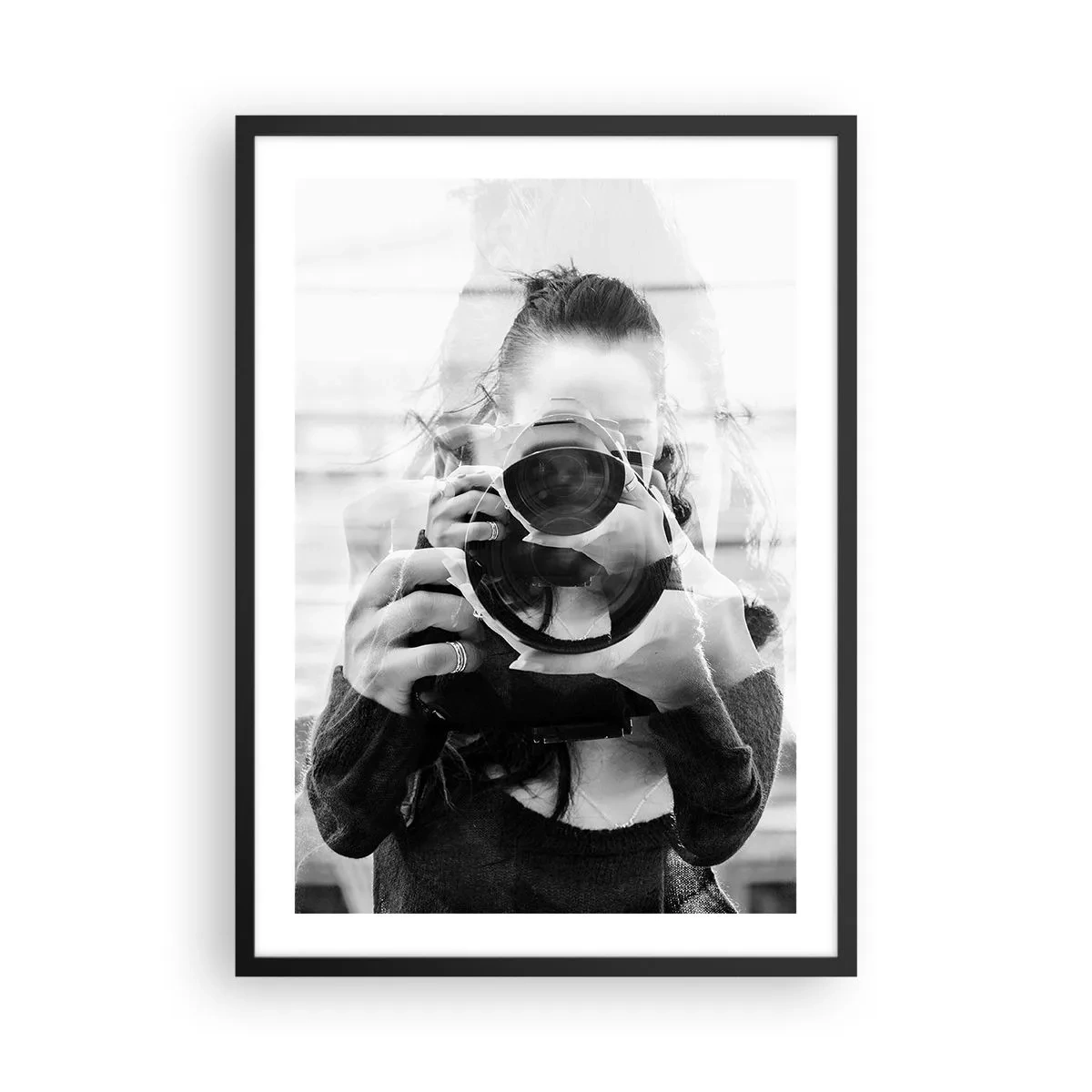 Pôster com moldura preta - Dupla exposição do fotógrafo e da câmera em preto e branco - 50x70cm - Criador e material - Decoração de parede moderna para a sala de estar e quarto ARTTOR