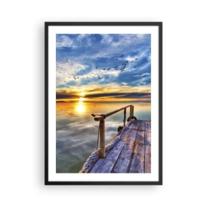 Pôster com moldura preta - Cais de madeira sobre o lago ao pôr do sol - 50x70cm - O vento descansa - Decoração de parede moderna para a sala de estar e quarto ARTTOR