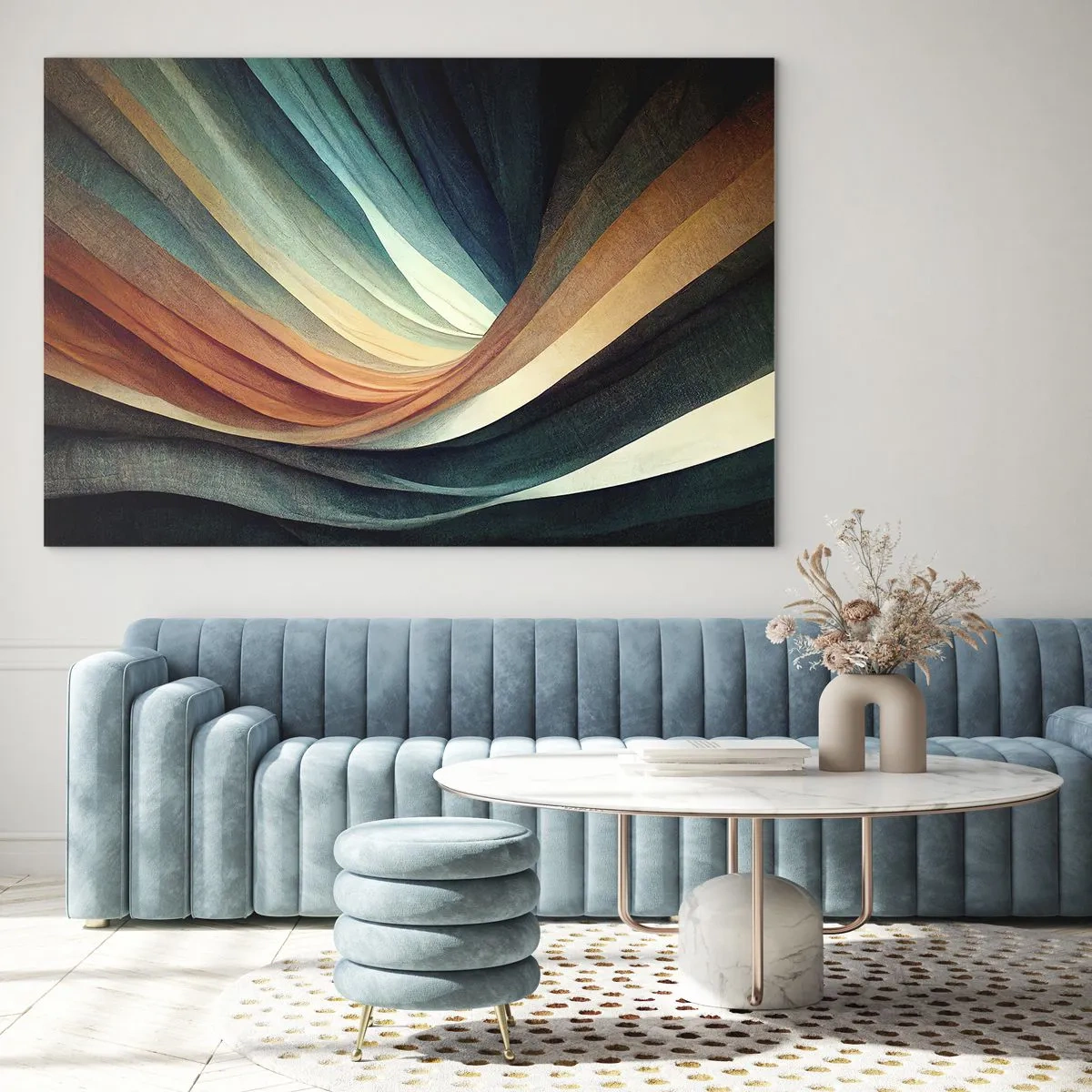 Quadro em vidro - Ondas coloridas em tons de turquesa, laranja e bege - 70x50cm - Tecido de cores - Decoração de parede moderna para a sala de estar e quarto ARTTOR