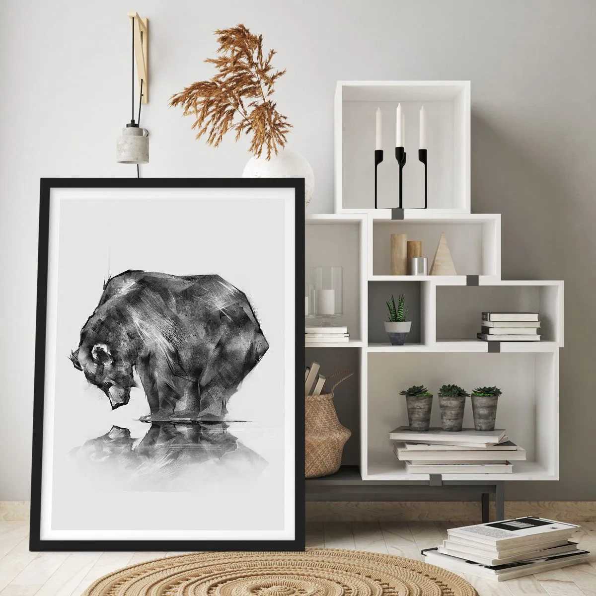 Pôster com moldura preta - Imagem geométrica de um urso na água - 50x70cm - É bom ver alguém próximo - Decoração de parede moderna para a sala de estar e quarto ARTTOR