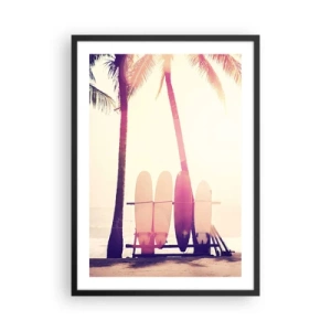 Pôster com moldura preta - Pranchas de surfe alinhadas sob as palmeiras na praia - 50x70cm - Vai ser um grande dia - Decoração de parede moderna para a sala de estar e quarto ARTTOR