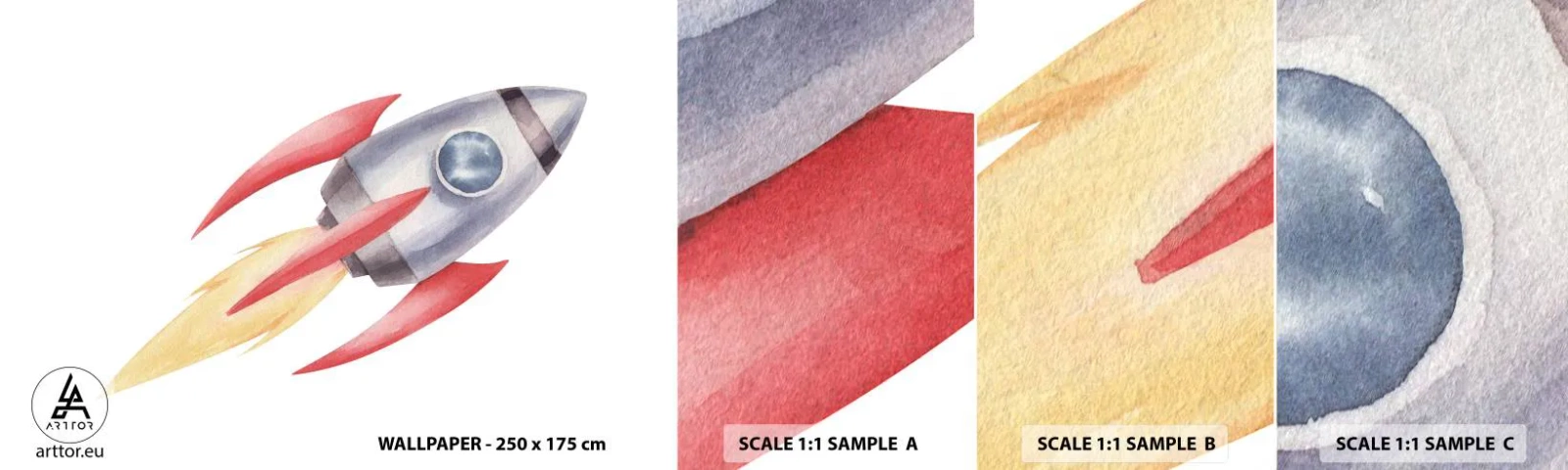 Amostra de Papel de Parede Standard Eco - Mais alto, mais rápido e mais longe - Um foguete espacial, Infantil, Cosmos - 100x30 cm