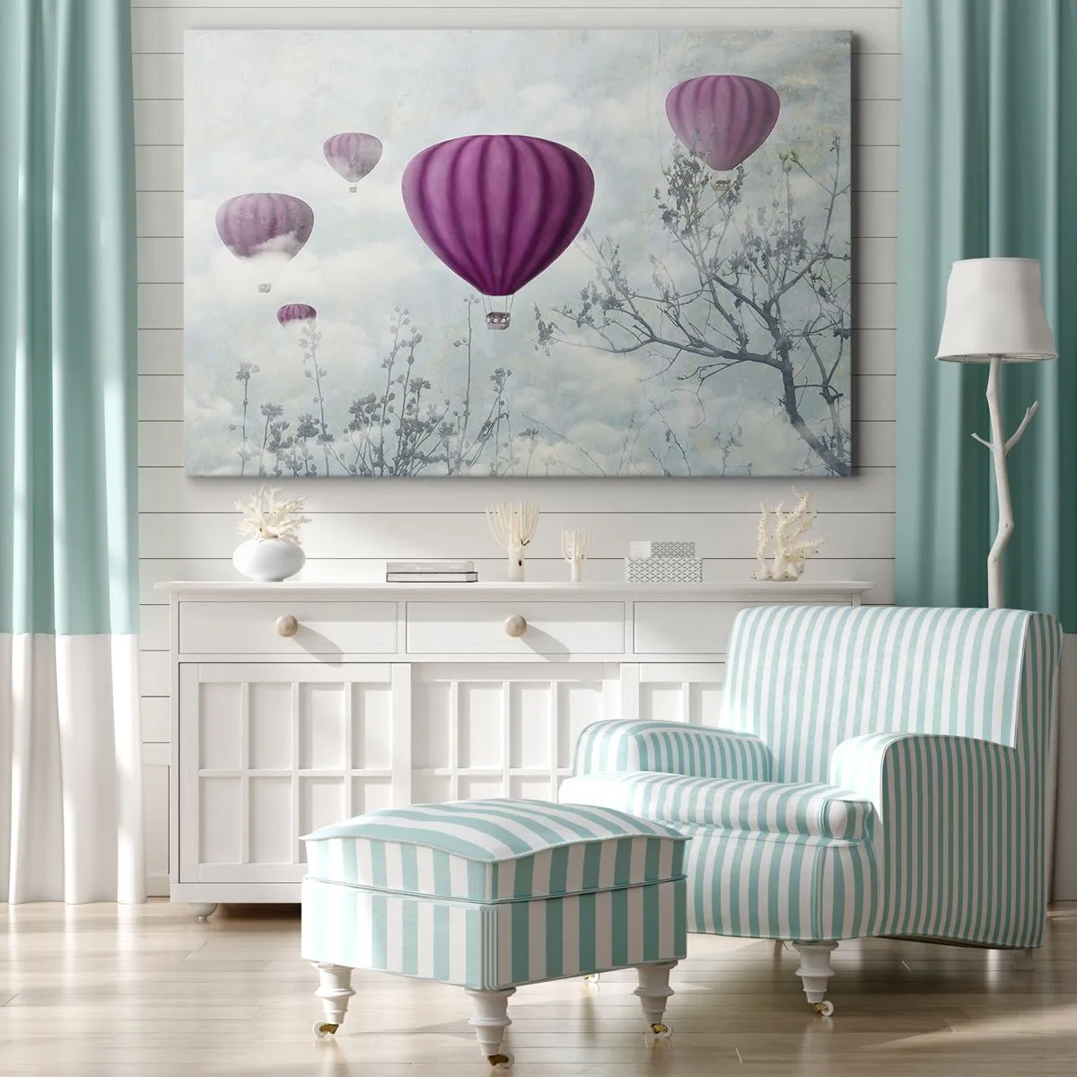 Quadro em tela - Balões roxos flutuando acima das árvores nas nuvens - 70x50cm - Como navios no céu - Decoração de parede moderna para a sala de estar e quarto ARTTOR