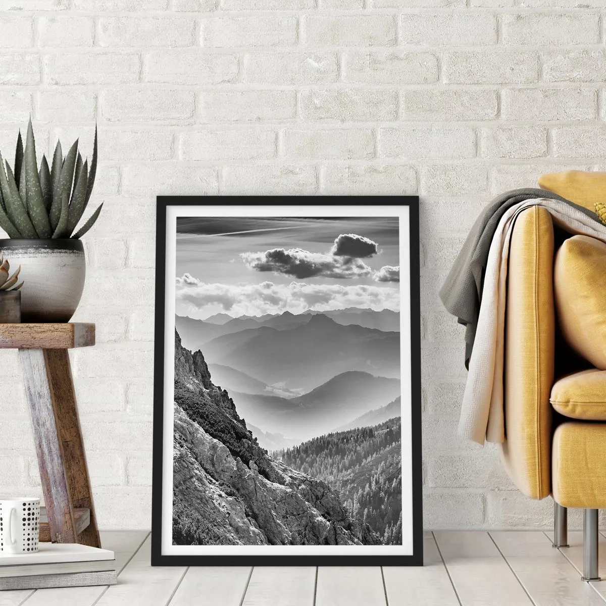 Pôster com moldura preta - Paisagem montanhosa com nuvens no horizonte - 50x70cm - Até ao horizonte - Decoração de parede moderna para a sala de estar e quarto ARTTOR